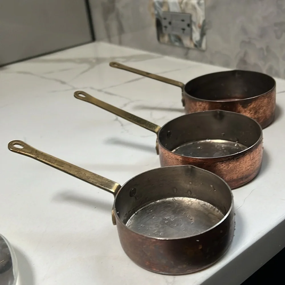 Set of 3 French Antique Copper Measuring Cups with Brass Handle